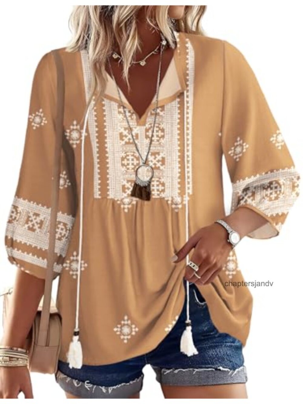 Boho 3/4 Sleeve V-Neck Tie Front Rayon Top